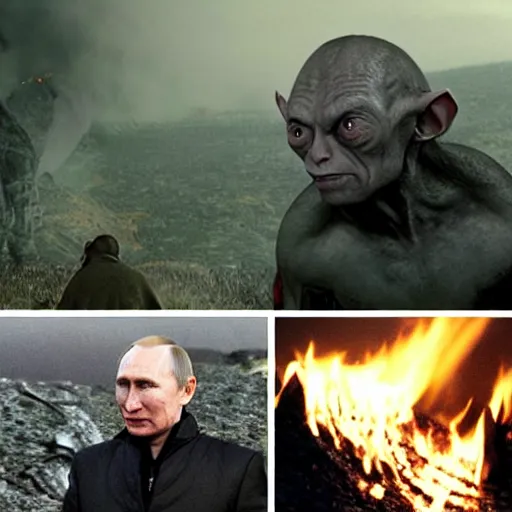 Prompt: Vladimir Putin as Gollum in Lord of the Rings, burning fires of Mordor in the background