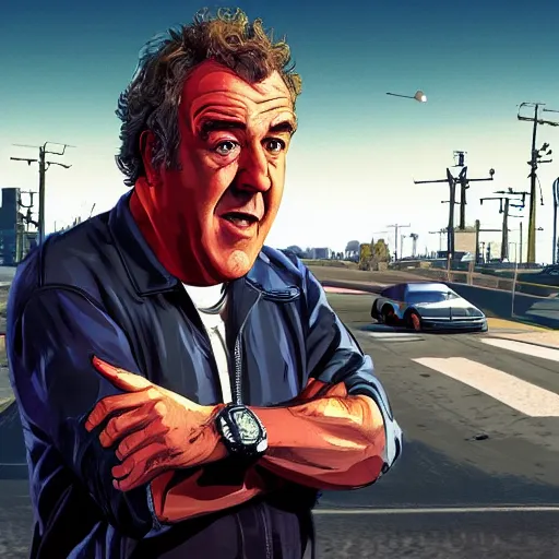 Image similar to Jeremy Clarkson in GTA V, cover art by Stephen Bliss, artstation, no text