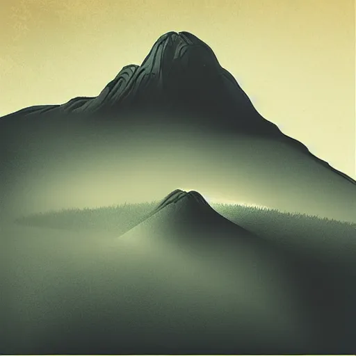 Image similar to “ aerial view of a mountain, fog on the ground, vector art, by greg rutkowski ”