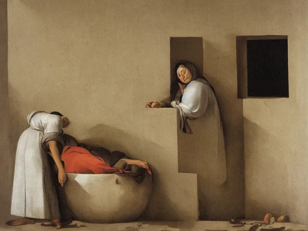 Prompt: Woman sleeping in a house ablaze. Basin full of water nearby. Painting by Zurbaran.