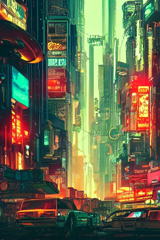 Image similar to cyberpunk city with a flight vehicle glowing in the sky, neon sign, cinematic composition, wide shot, bladerunner, by moebius