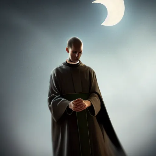 Image similar to Close up of a young, thin and stern catholic priest in his thirties fervently praying as he is about to die from the ominous yellow shadow descending upon him from the night sky. Low angle, dramatic lighting. Award-winning digital art, trending on ArtStation