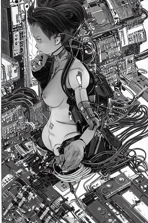 Prompt: a hyper-detailed cyberpunk illustration of a female android seated on the floor in a tech labor, seen from the side with her body open showing cables and wires coming out, by masamune shirow, and katsuhiro otomo, japan, 1980s, centered, colorful