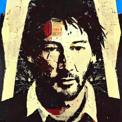 Image similar to portrait of keanu leaves, paper collage, mimmo rotella.