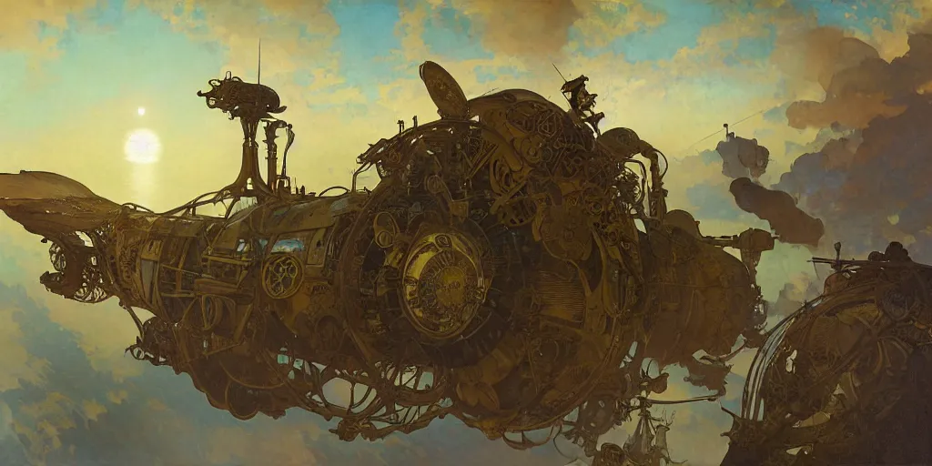 Image similar to a steampunk airship emerges over the horizon of an alien planet, artwork by alphonse mucha, darek zabrocki, dramatic lighting, long shadows, brushstrokes, paper texture.