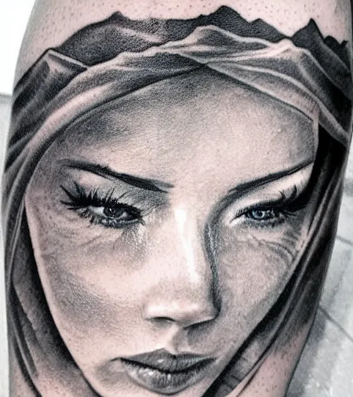 Image similar to tattoo design sketch of a beautiful mountain scenery with a faded beautiful woman face, hyper - realistic, double exposure effect, in the style of matteo pasqualin, amazing detail, black and white, faded