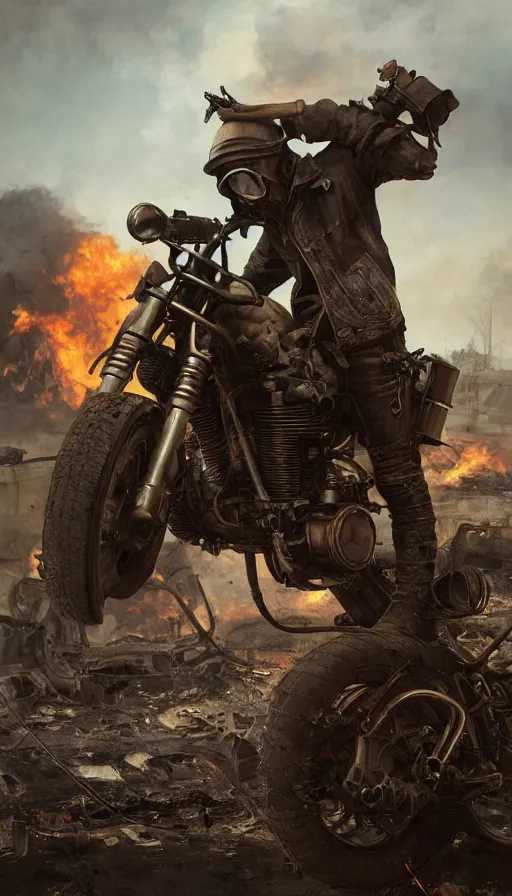 Image similar to post apocalyptic, biker with helmet in front of crashed airplane burning, photorealistic, ultra realistic, concept art, intricate details, photorealistic, octane render, 8 k, unreal engine. retro film still, heavy grain, 3 5 mm, art by artgerm and greg rutkowski and alphonse mucha