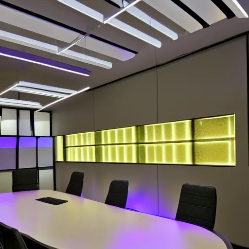 Prompt: office meeting room with led strip lighting, realistic, photography, ledspace, home and garden, houzz, highly detailed, 8k,