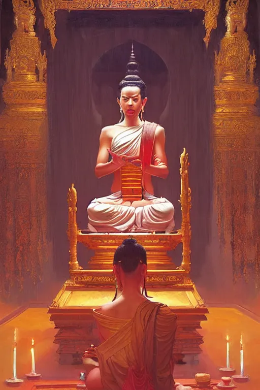 Image similar to temple, buddhism, painting by greg rutkowski, j. c. leyendecker, artgerm