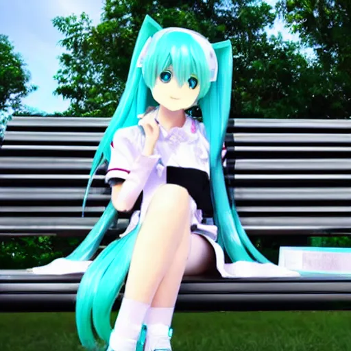 Image similar to hatsune miku sitting on a park bench