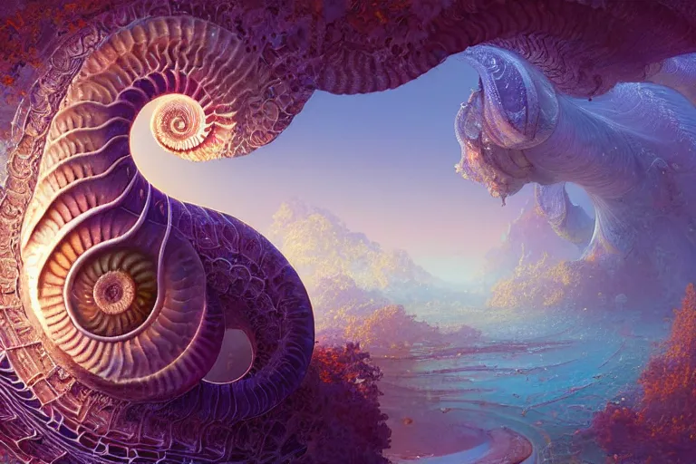 Image similar to fractalized ammonite, filigree, delicate, highly detailed, beautiful opalescent colours, unreal engine, fantasy art by greg rutkowski, rhads, ferdinand knab, makoto shinkai and lois van baarle, ilya kuvshinov, rossdraws, tom bagshaw, global illumination, radiant light,