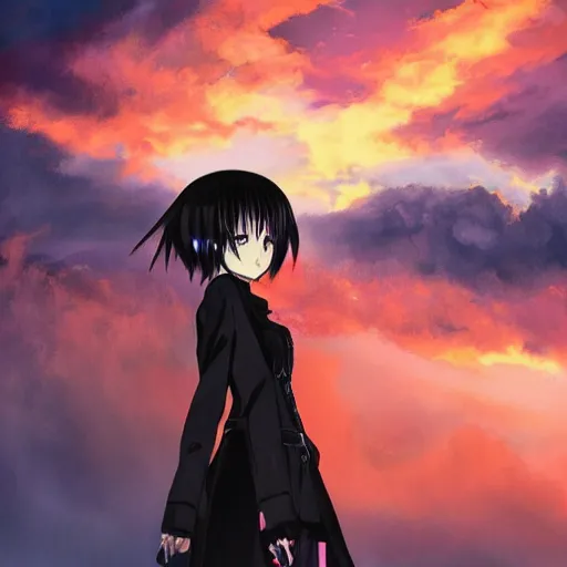 Image similar to 1 7 - year - old anime goth girl, black hair, long bob cut, long bangs, gothic coat, golden hour, partly cloudy sky, red clouds, orange sky, old town, strong lighting, strong shadows, vivid hues, ultra - realistic, sharp details, subsurface scattering, intricate details, hd anime, 2 0 1 9 anime