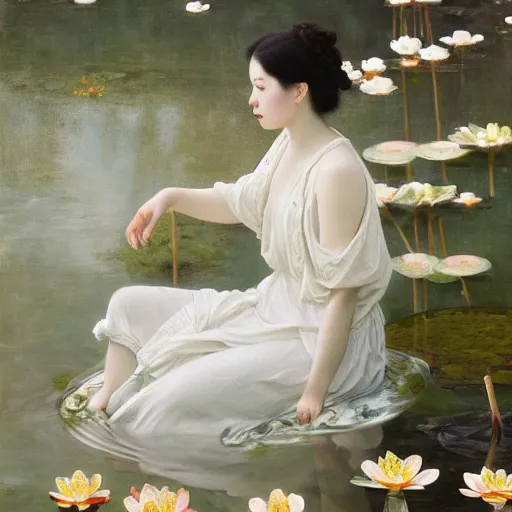 Image similar to a painting of a woman with greek white clothes floating in a pond of water lillies, a fine art painting, by liu jun, cgsociety, deviantart, pre - raphaelitism, figurative art, magical realism, detailed painting, made of flowers