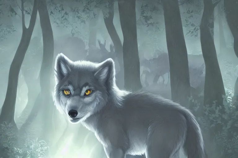 Image similar to a baby grey wolf in a dark forest, highly detailed, digital art, trending on artstation, backlighting, by kawacy, by ken sugimori, fan art