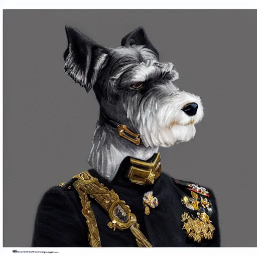 Image similar to portrait of stoic looking miniature schnauzer, military uniform, black fir, white eyebrows, fantasy, intricate, elegant, highly detailed, centered, dark, smokey, charcoal painting, digital painting, artstation, concept art, smooth, sharp focus, illustration, art by artgerm and greg rutkowski and alphonse mucha