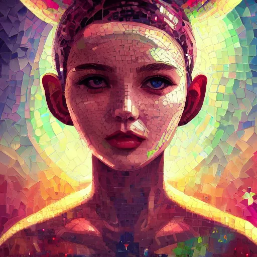 Image similar to mosaic portrait of a beautiful young girl with robot ears falling into the universe by Ross Tran, 4k, intricate details