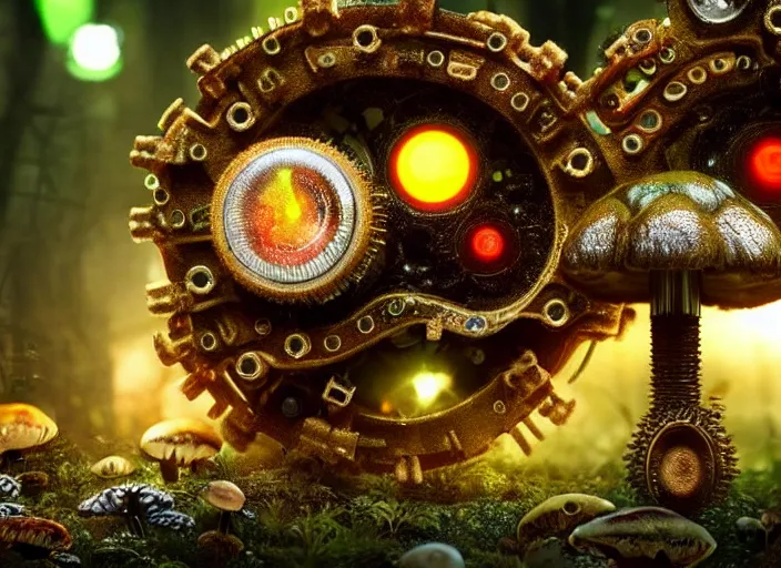 Prompt: 12mm intricate mechanical caterpillar with visible gears and electronics and optic Fibres sitting on top of a mushroom in a magical forest. Very detailed 8k. Fantasy cyberpunk horror. Sharp. Cinematic post-processing