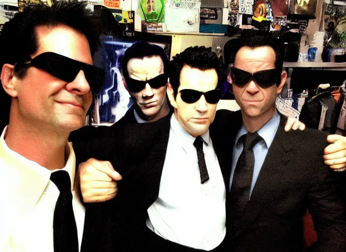 Prompt: portrait of tommy tallarico dressed as agent smith from the matrix surrounded by multiple tommy tallarico dressed as agent smith from the matrix with matrix filter