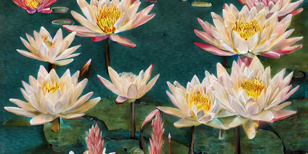 Prompt: breathtaking detailed concept art painting art deco pattern of blonde faces goddesses amalmation water lily flowers with anxious piercing eyes and blend of flowers and birds, by hsiao - ron cheng and john james audubon, bizarre compositions, exquisite detail, extremely moody lighting, 8 k