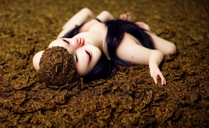 Image similar to very cute anime girl that is rolled up in dried seaweed, full body, head sticking out, cinematic wallpaper, highly detailed, clear, sharp, 4 k, 8 k
