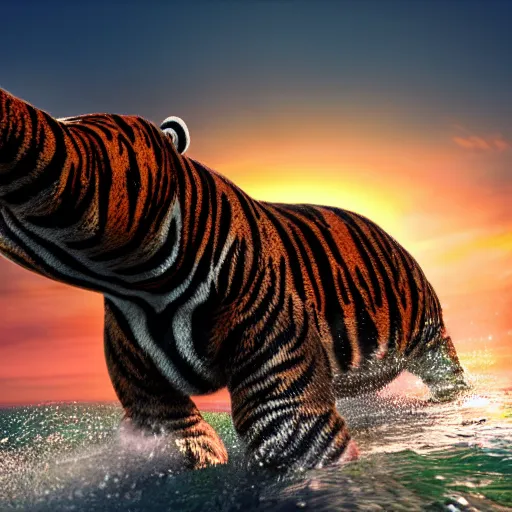 Image similar to a closeup photorealistic photograph of a cute smiling knitted tiger hippopotamus chasing a beachball at sunset. surf in the background. professional capture. this 4 k hd image is trending on artstation, featured on behance, well - rendered, extra crisp, features intricate detail, epic composition and the style of unreal engine.