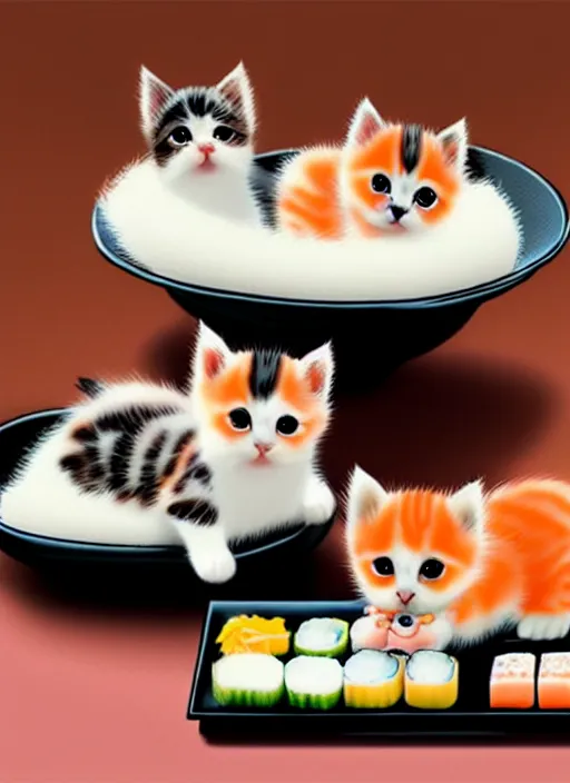 Image similar to clear photorealistic picture of adorable kittens made out of sushi