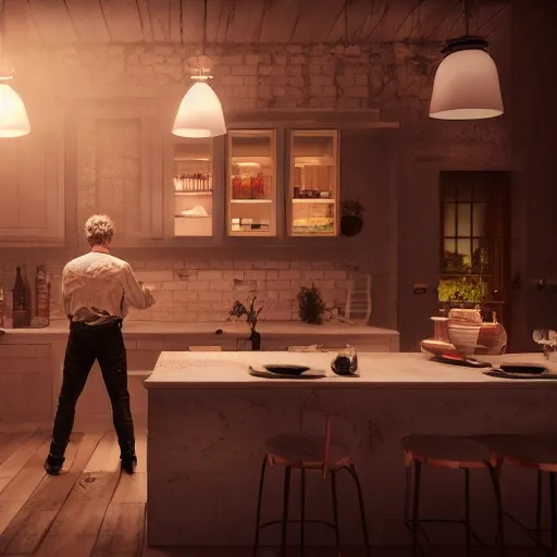 Image similar to man standing in kitchen late at night drinking red wine, realistic artstyle, wide shot, dramatic lighting, octane render, hyperrealistic, high quality, highly detailed, hd, beautiful, cinematic, 8 k, unreal engine, facial accuracy, symmetrical