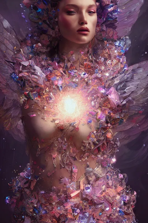 Prompt: torso closeup model wearing exploding flower crystal dress, sorcerer, diamonds, angel, fantasy, dramatic lighting, highly detailed, digital painting, holding electricity, magic the gathering, hyper detailed, 3 d render, hyper realistic detailed portrait, peter mohrbacher, wlop, ruan jia