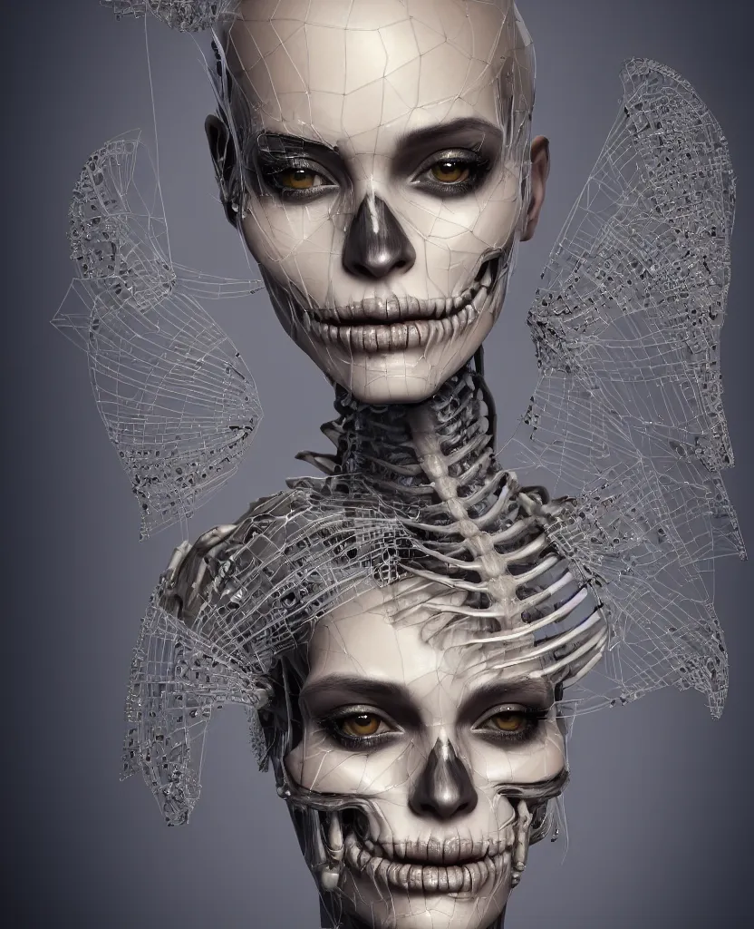 Image similar to close-up macro portrait of the face of a beautiful fashion girl with makeup, epic angle and pose, ribcage skeleton symmetrical artwork, 3d with depth of field, blurred background, cybernetic machine female face, translucent, nautilus, energy flows of love and hate, a highly detailed epic cinematic concept art CG render. made in Maya, Blender and Photoshop, octane render, excellent composition, cinematic dystopian brutalist atmosphere, dynamic dramatic cinematic lighting, aesthetic, very inspirational, arthouse, Greg Rutkowski, Ilya Kuvshinov, WLOP, Stanley Artgerm Lau, Ruan Jia and Fenghua Zhong