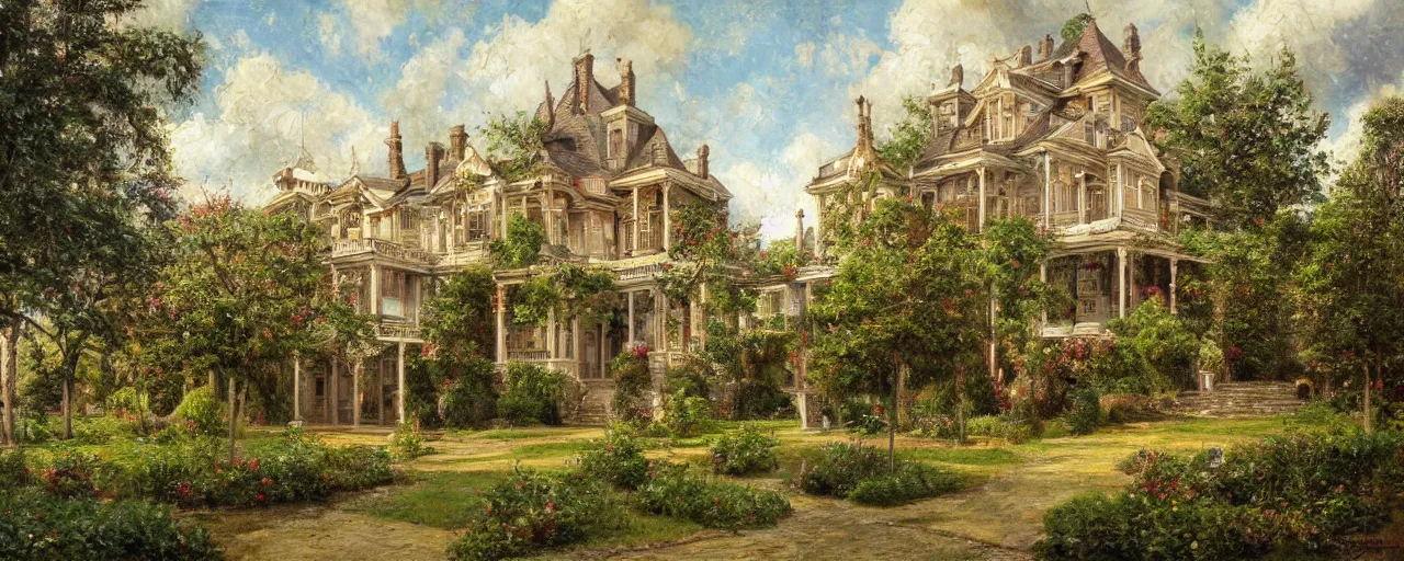 Image similar to a highly detailed oil painting of a house from the 1880s surrounded by a beautiful garden, a view from ground level: elegant, ornate, daytime. this is a beautifully lit scene.