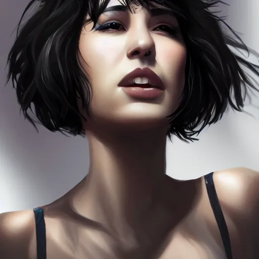 Prompt: a stunning upper body portrait of a beautiful woman with black hair blowing in the wind by marvel comics, digital art, trending on artstation