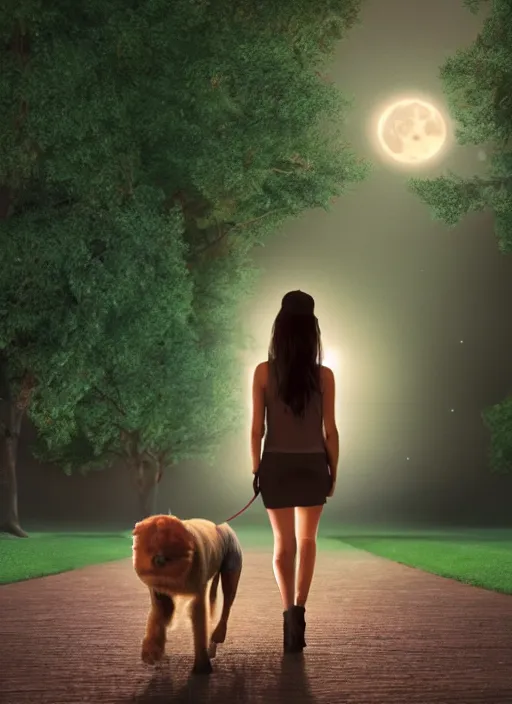 Image similar to young beautiful brown woman walking with her dog in a park at night with a full moon, illustration, photoreal, fantasy, trending. masterpiece work of art . oil on canvas. Digitally painted. Realistic. 3D. 8k. UHD.