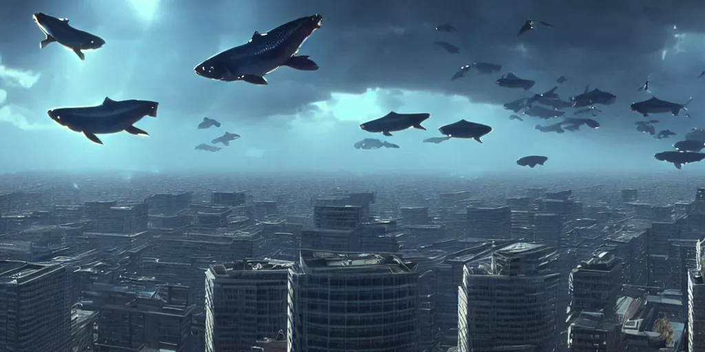 Prompt: spectacular epic shot film still by spielberg. massive giant japanese fishes flying over a new city building, windows and sun reflection, id magazine, hyperrealism, detailed textures, photorealistic, 3 d city, ultra realistic, cinematic, intricate, cinematic light, unreal engine 8 k, octane render, unreal engine, david kostic, artgerm