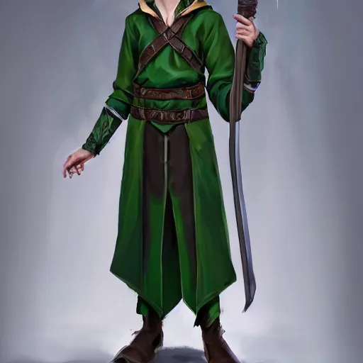 Image similar to A portrait of a adolescent male half-elf wizard who is tall and slim, focus on face, short brown hair, smiling, deep green eyes, robes, staff, sharp focus, highly detailed, photograph, cinematic, dynamic lighting, trending on artstation, digital painting, in the style of Chris Ostrowski