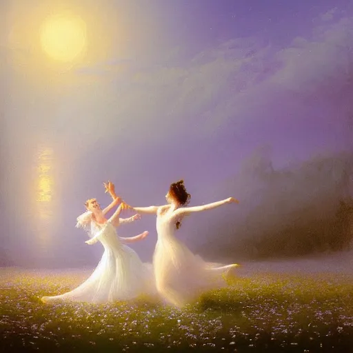 Image similar to the moonlit dance of the fae, dancers in white dancing across a flower meadow the moonlit dance by elena vizerskaya and ivan aivazovsky, perfectly detailed, artstation, sharp focus, highly detailed, studio photography, impresion de giclee arte abstracto, award winning