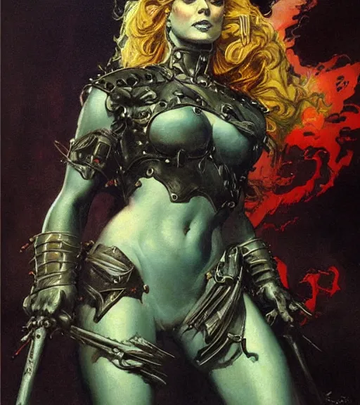 Prompt: portrait of strong female chaos angel, beautiful! coherent! by frank frazetta, by brom, strong line, deep color, spiked metal armor, maximalist