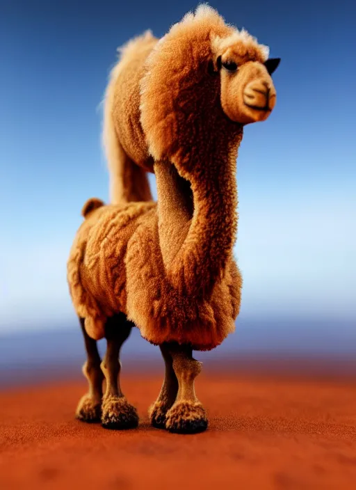 Image similar to 80mm resin detailed miniature of fluffy camel in desert, coca cola in camel head, Product Introduction Photos, 4K, Full body, simple background