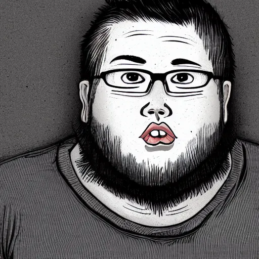 Prompt: young man, slightly overweight, short beard, glasses, in the style of junji ito, in frame