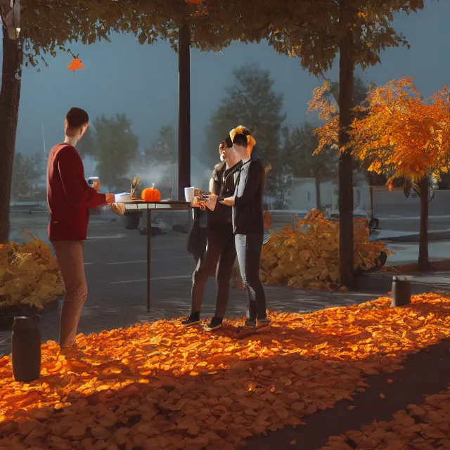 Prompt: pumpkin headed people ordering coffee at a coffee stand, red maple trees with fall foliage, volumetric, realistic, cinematic lighting, ray tracing, unreal engine 5, octane render, hyper realistic, photo, 8 k