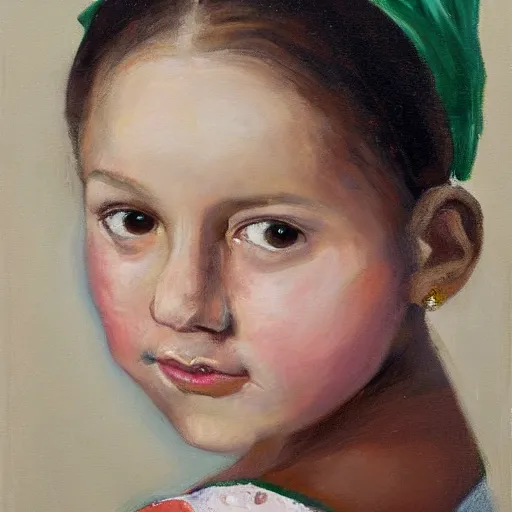 Image similar to a portrait of a young girl wearing an emerald earring. The girl is looking over her shoulder at the viewer with a sly expression on her face. naturalistic style with soft, muted colors. The girl's face is the only part of the painting that is in sharp focus. The rest of the painting is done in a soft, blurry style. The girl's face is lit from the left, creating a soft, halo-like effect around her head. The emerald earring is the only source of light in the painting. an oil tronie painting by Johannes Vermeer.