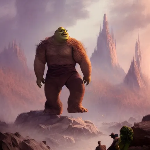 Image similar to a highly detailed epic cinematic concept art CG render digital painting artwork: Shrek. By Greg Rutkowski, Ilya Kuvshinov, WLOP, Stanley Artgerm Lau, Ruan Jia and Fenghua Zhong, trending on ArtStation, subtle muted cinematic colors, made in Maya, Blender and Photoshop, octane render, excellent composition, cinematic atmosphere, dynamic dramatic cinematic lighting, precise correct anatomy, aesthetic, very inspirational, arthouse