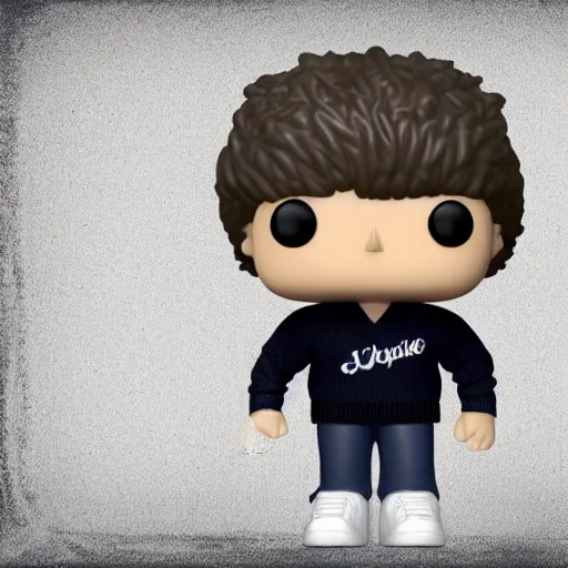 Image similar to a 21 year old skinny white guy with no beard and black hair in a navy blue sweater , jeans and grey shoes funko pop close up highly detailed photo