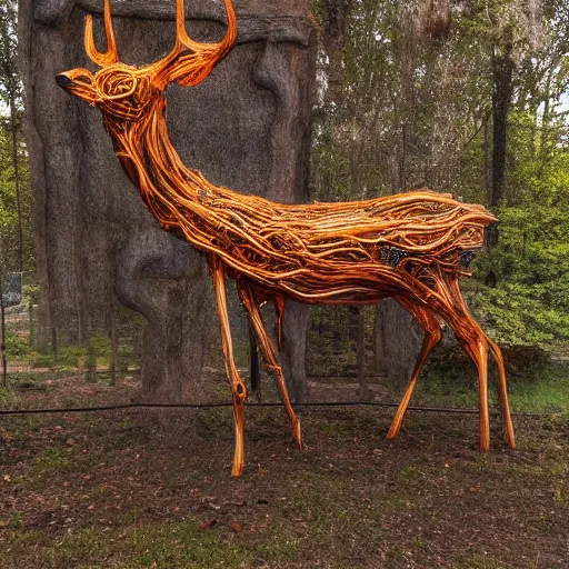 Image similar to hyperealistic sculpture of a deer with rusty pipes extruding from the body, body horror, mechanical bodies, scary, disturbing, eerie 8K, full hd