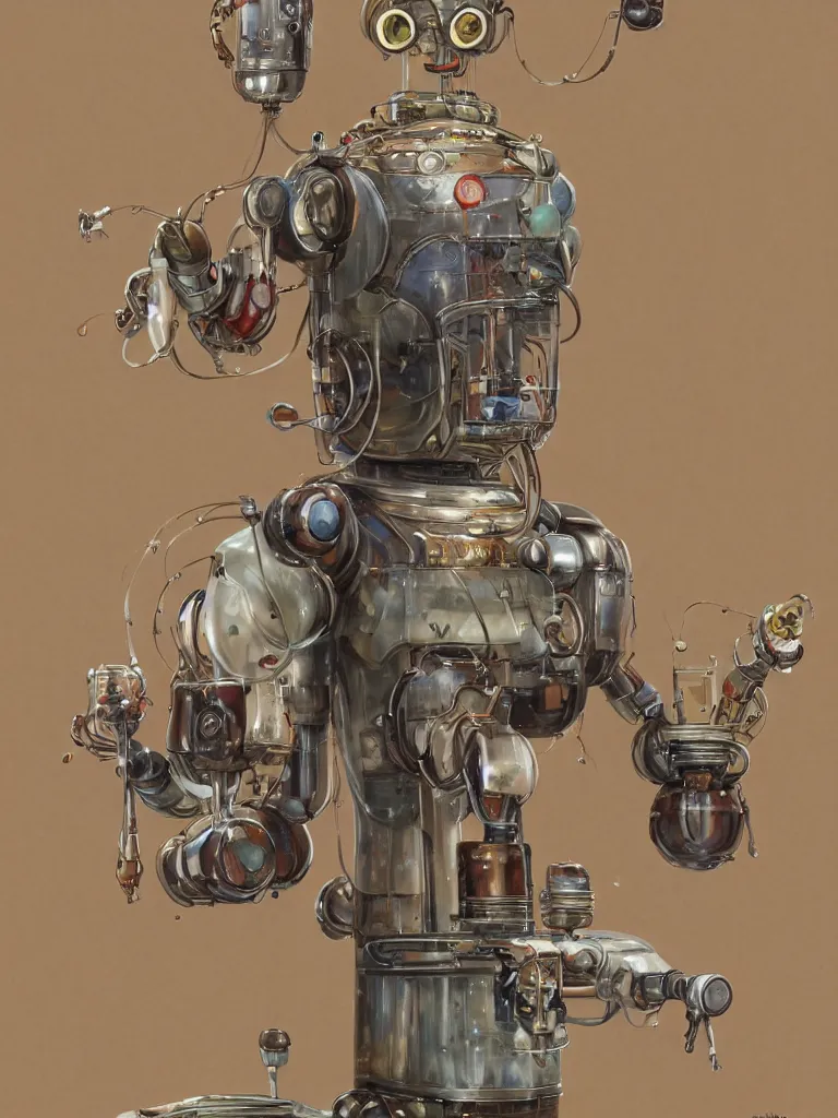 Image similar to full-length portrait of a singular old mechanical friendly empatic robot offering a cup of fresh steaming hot coffee, by Simon Stalenhaag, by Yoshita Amano, by Esao Andrews, sharp focus, fresh colors, deviantart, conceptart