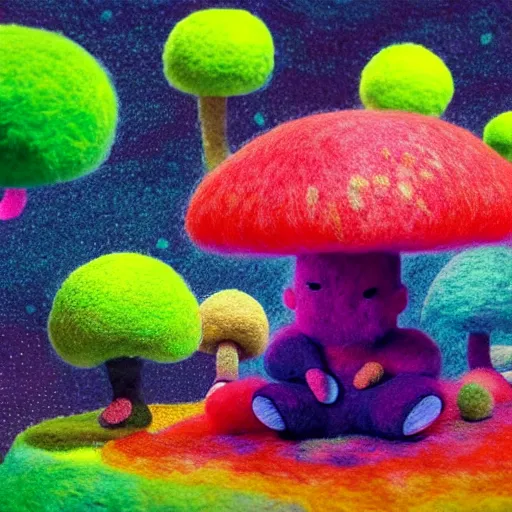 Prompt: a black girl with a colorful afro and big beautiful eyes meditating in a rainbow mushroom zen garden, bokeh, bright colors, synthwave, watercolor, volumetric wool felting, felt, macro photography, children illustration, by goro fujita