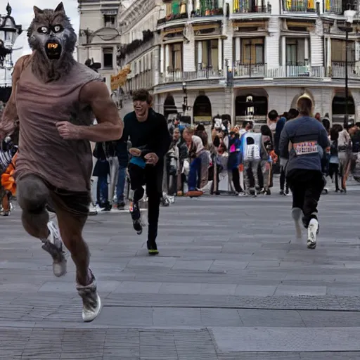 Prompt: a werewolf running in the Callao Square in Madrid.