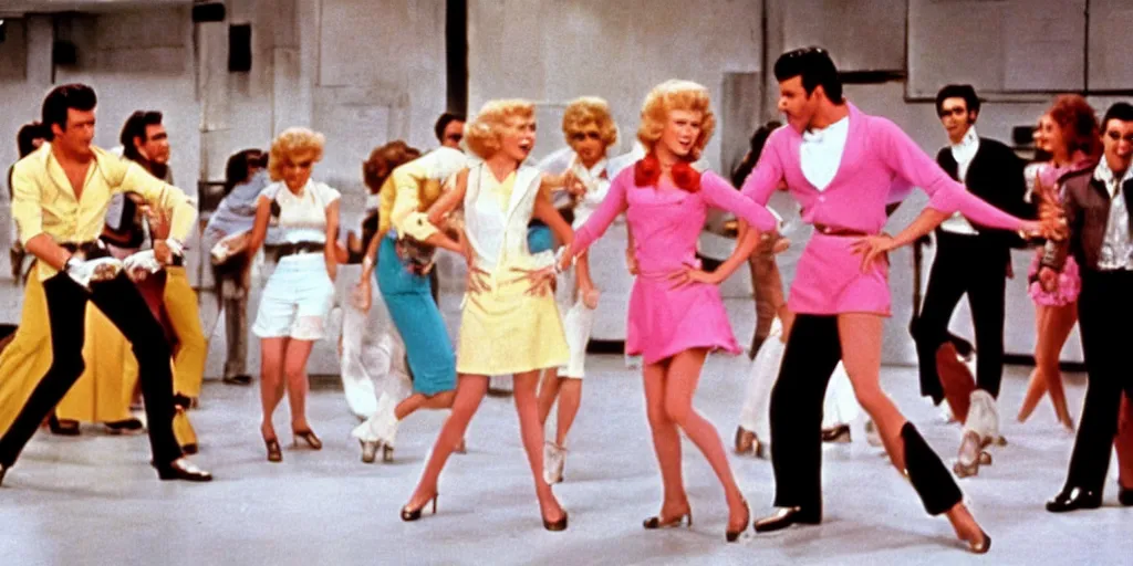 Image similar to Still of Grease (1976) featuring a tap dance by Fred Astaire and Ginger Rogers, cinematic, technicolor