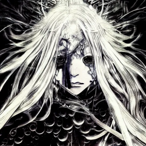 Image similar to yoshitaka amano blurred!!! and dreamy illustration of an anime girl with wavy white hair and cracks on her face wearing elden ring armor with the cape fluttering in the wind, abstract black and white patterns on the background, noisy film grain! effect, highly detailed, renaissance oil painting, weird portrait angle