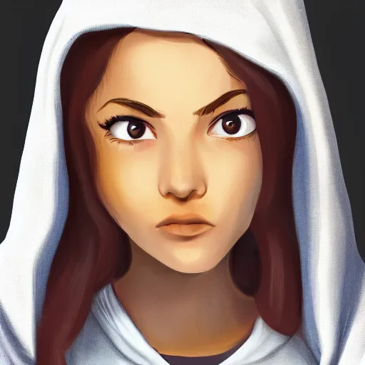 Image similar to young Latin girl with a beige hoodie, shy, focus on face, still, photograph, digital painting, trending on artstation, masterpiece, in the style of JB Casacop, pixar