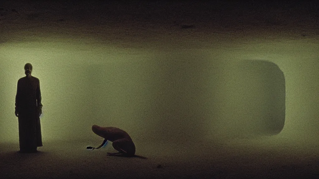 Prompt: the strange creature in the crawlspace, film still from the movie directed by denis villeneuve and david cronenberg with art direction by salvador dali and zdzisław beksinski, long lens